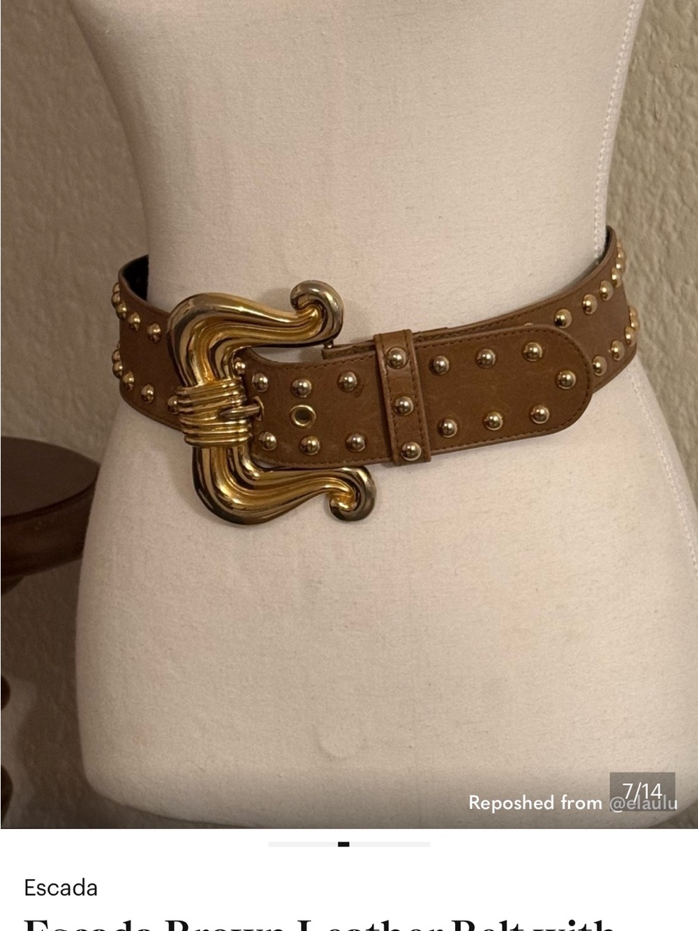 ISO Escada Tan Leather Belt with Gold Sculpted Buckle and Studs